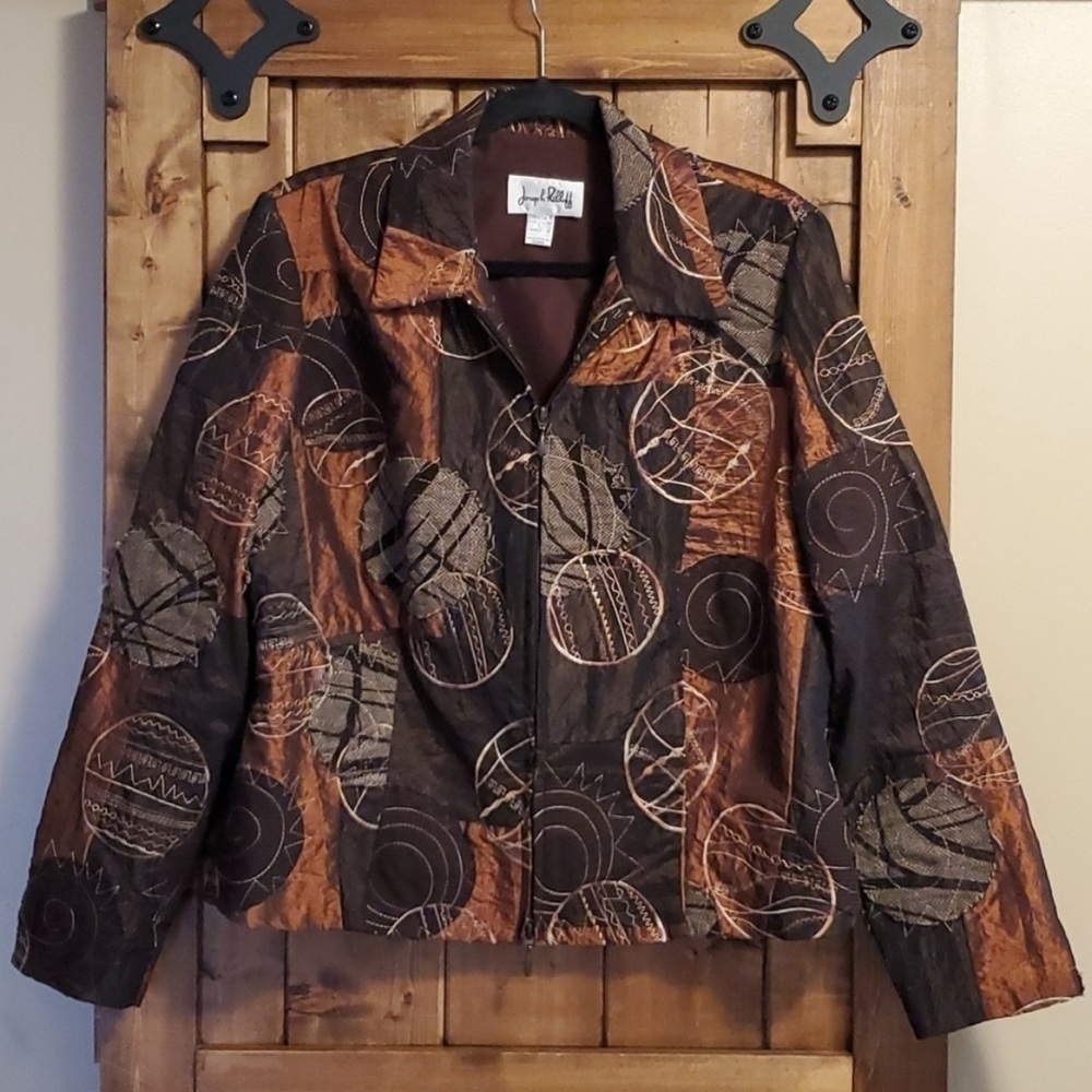 Joseph Ribkoff Brown Abstract Print Multitexture Lightweight Jacket Size 16